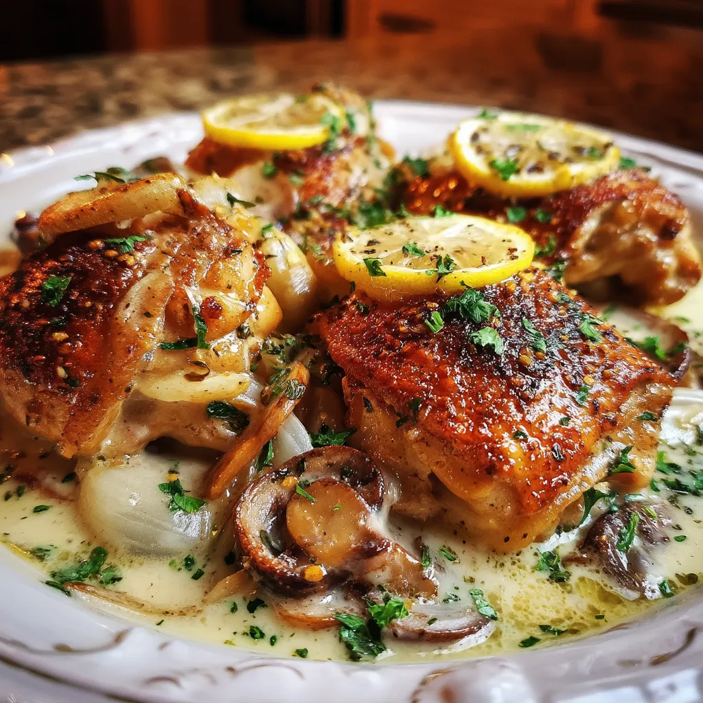 Chicken thighs with a creamy lemon sauce.