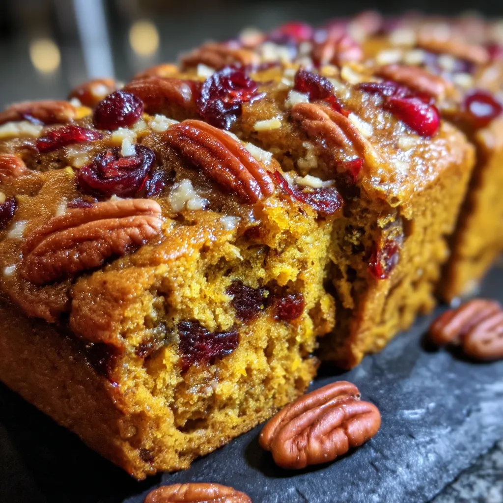 A slice of cranberry pecan pumpkin bread.