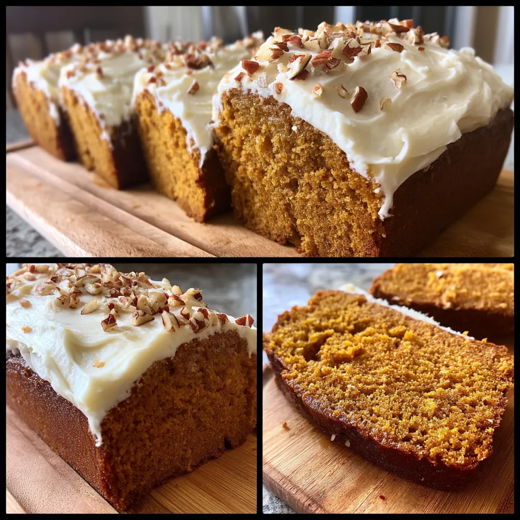 A close up of a pumpkin loaf with cream cheese frosting.
