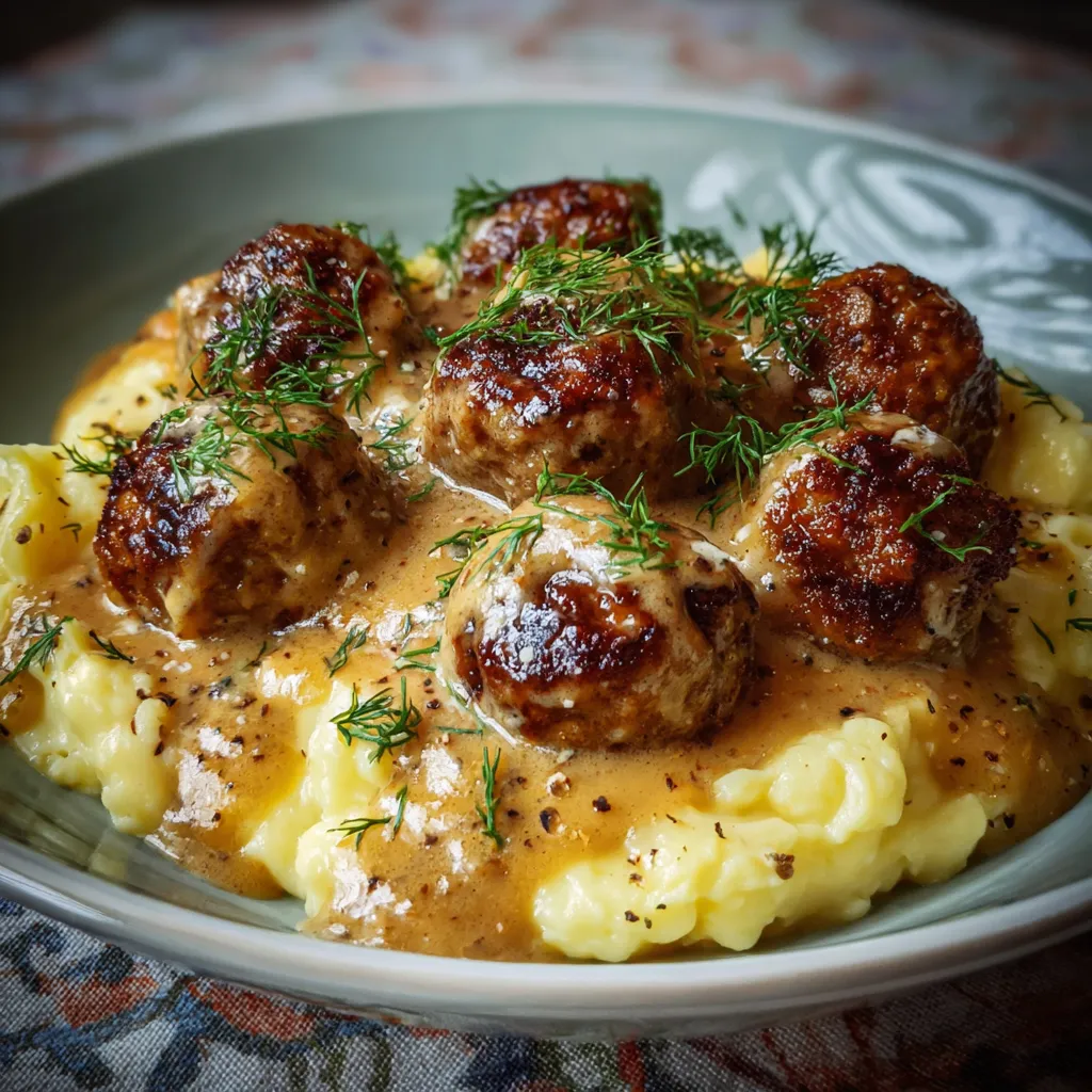 A plate of meatballs covered in gravy.