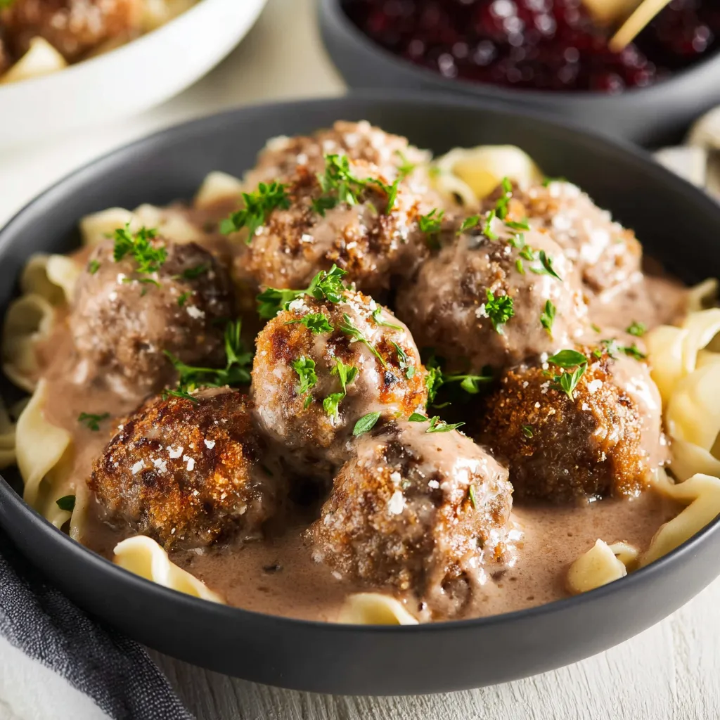 A bowl of meatballs in a creamy sauce.