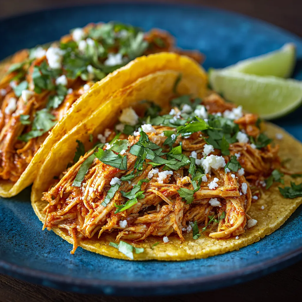 Two tacos with shredded chicken on a blue plate.