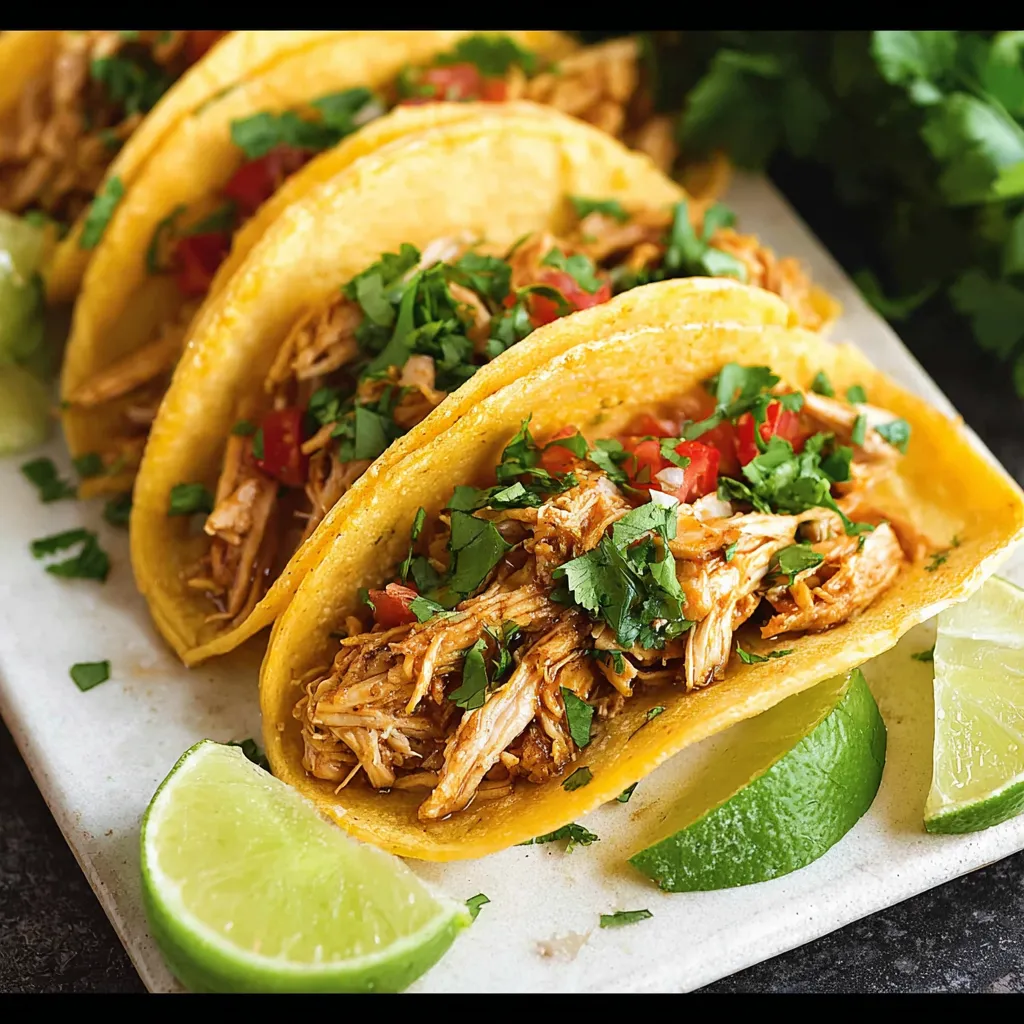 A plate of shredded chicken tacos.