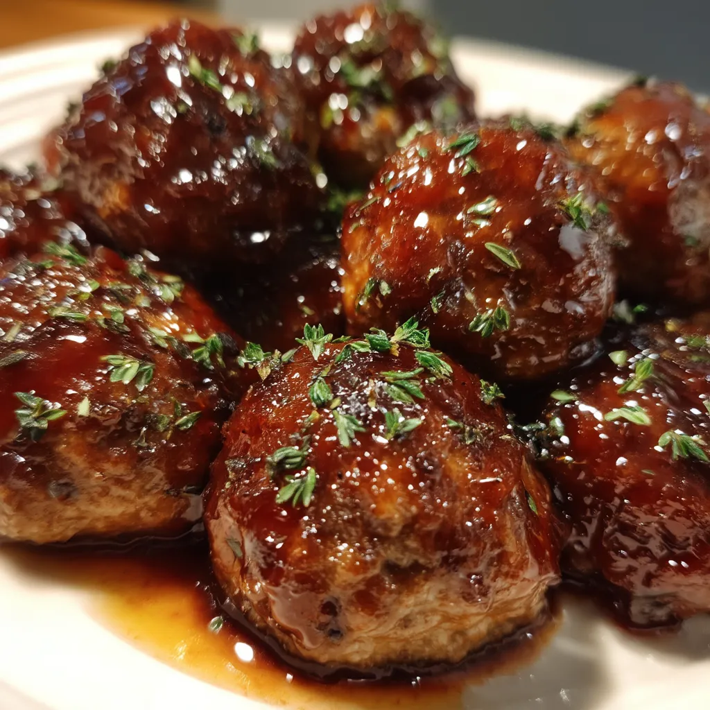 Meatballs covered in a brown sauce.