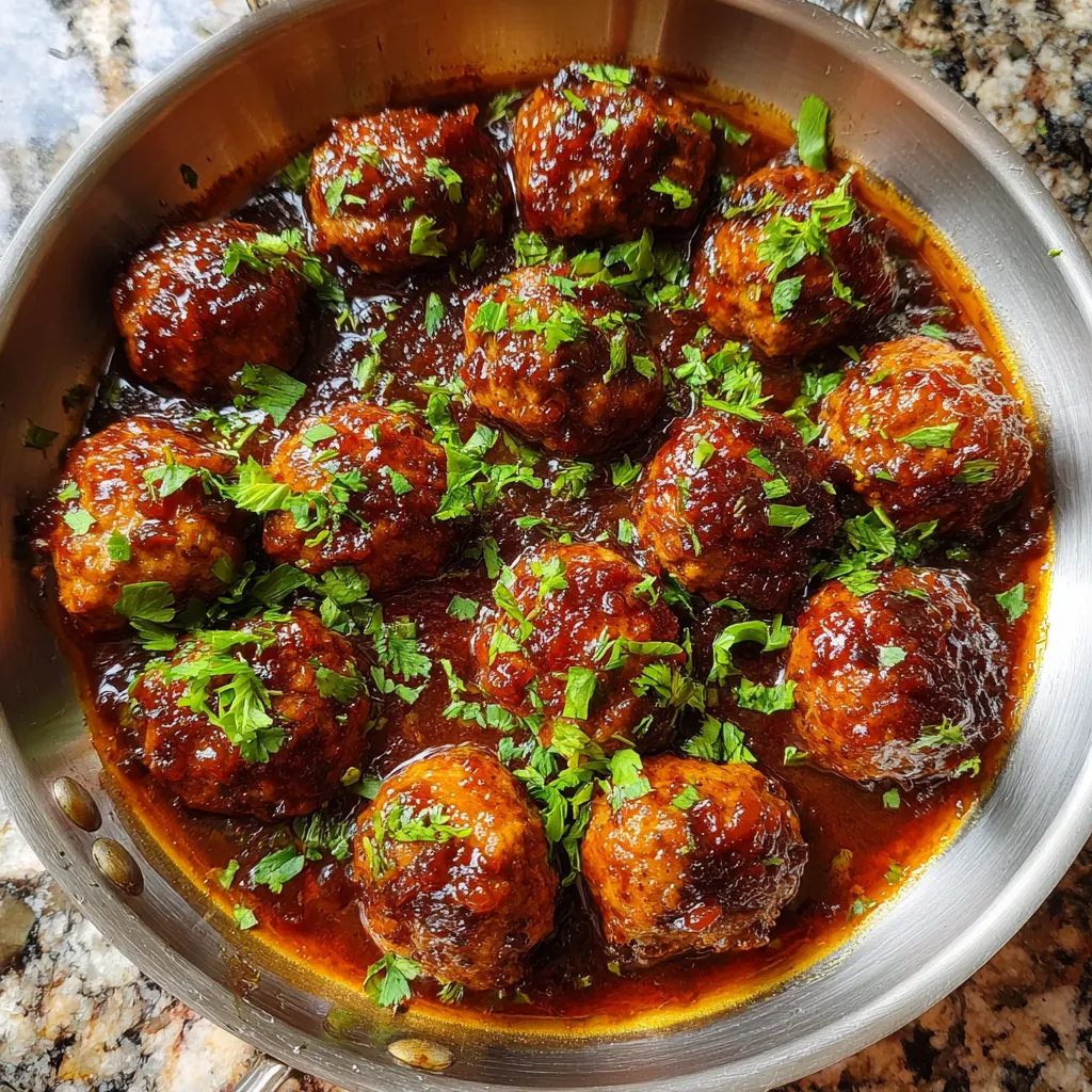 A pan of meatballs covered in a brown sauce.