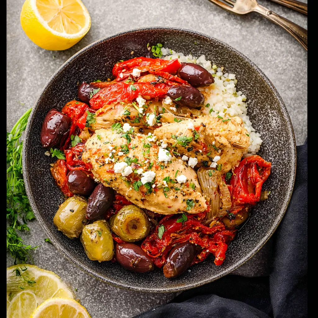 A bowl of Greek chicken with olives and tomatoes.