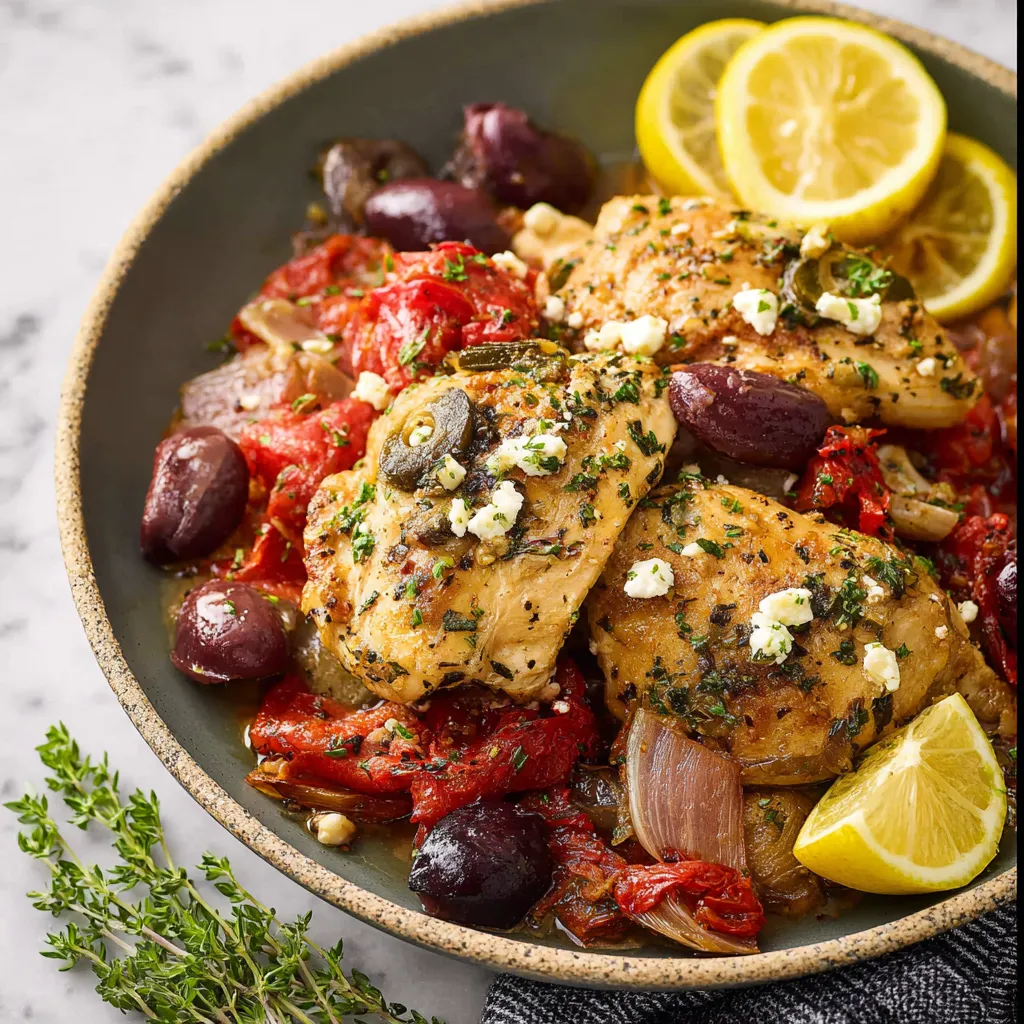 A bowl of Greek chicken with olives and lemon wedges.