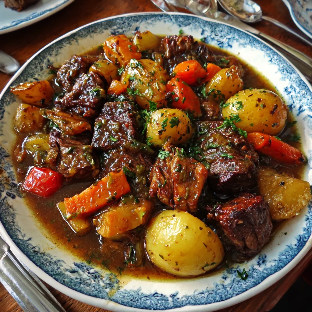 A plate of beef stew with carrots and potatoes.