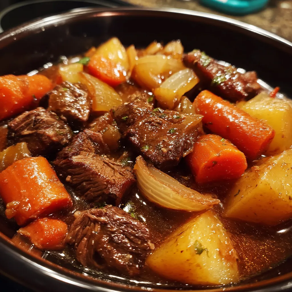 A bowl of beef stew with carrots and onions.