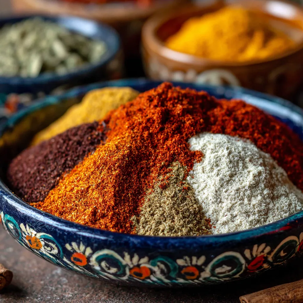 A bowl of spices with a spoon in it.