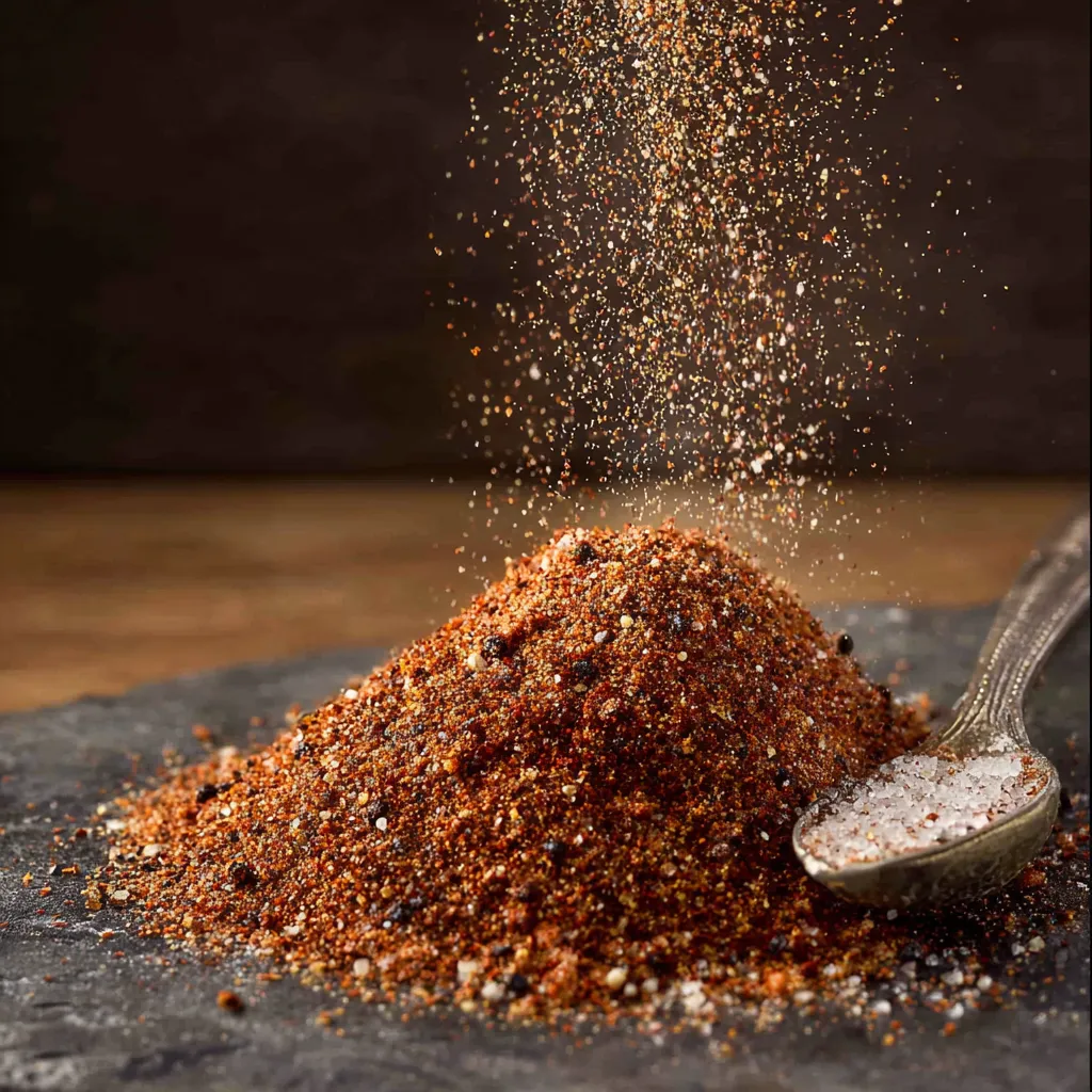 A spoonful of seasoning is being poured onto a rock.