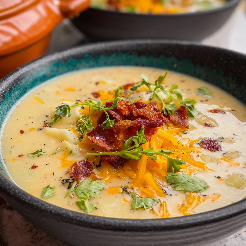 A bowl of soup with bacon and cheese.