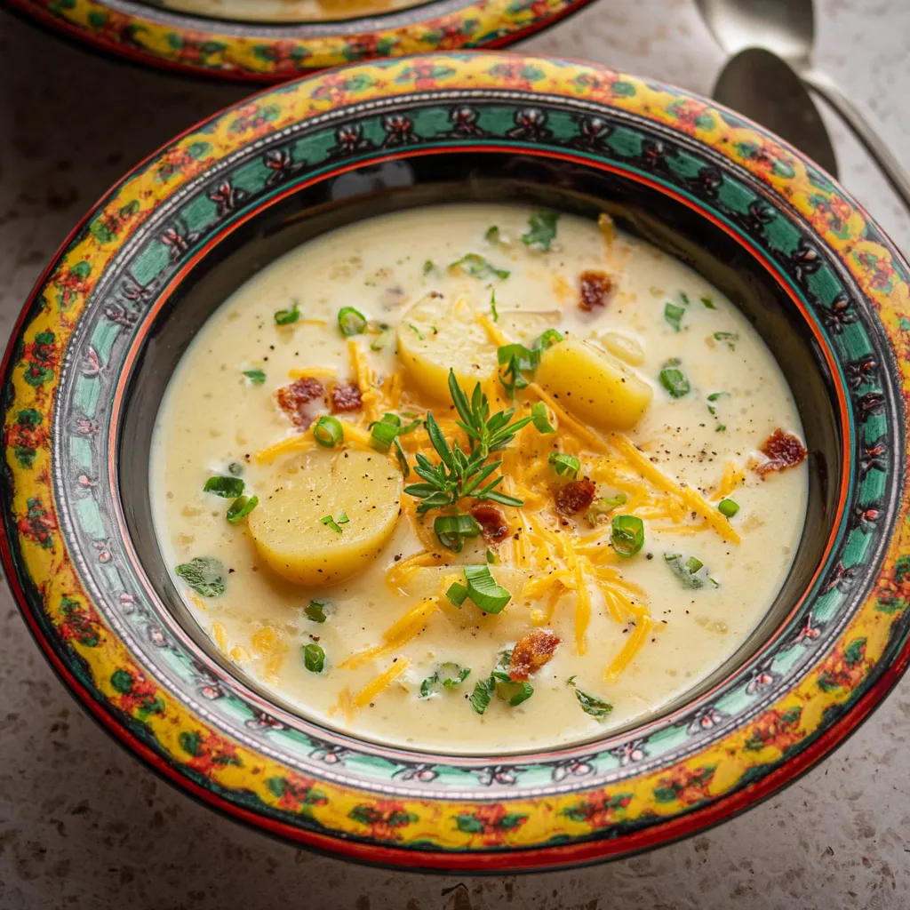 A bowl of soup with cheese and potatoes.