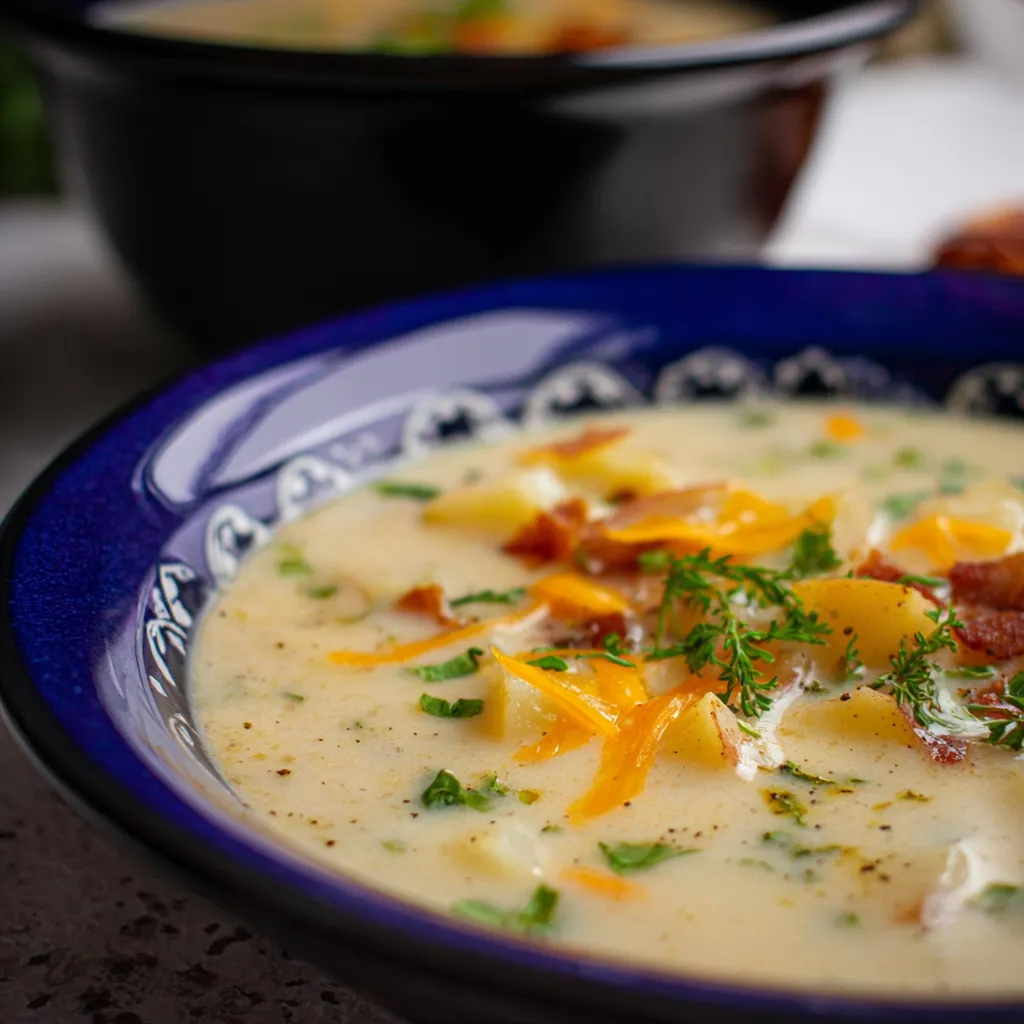A bowl of soup with bacon and cheese.