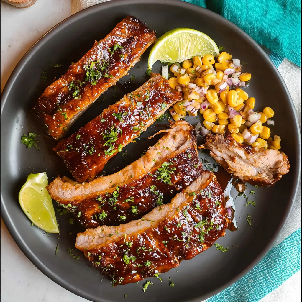 A plate of ribs with corn on the cob.