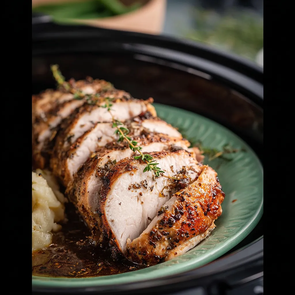 A juicy turkey tenderloin in a slow cooker.