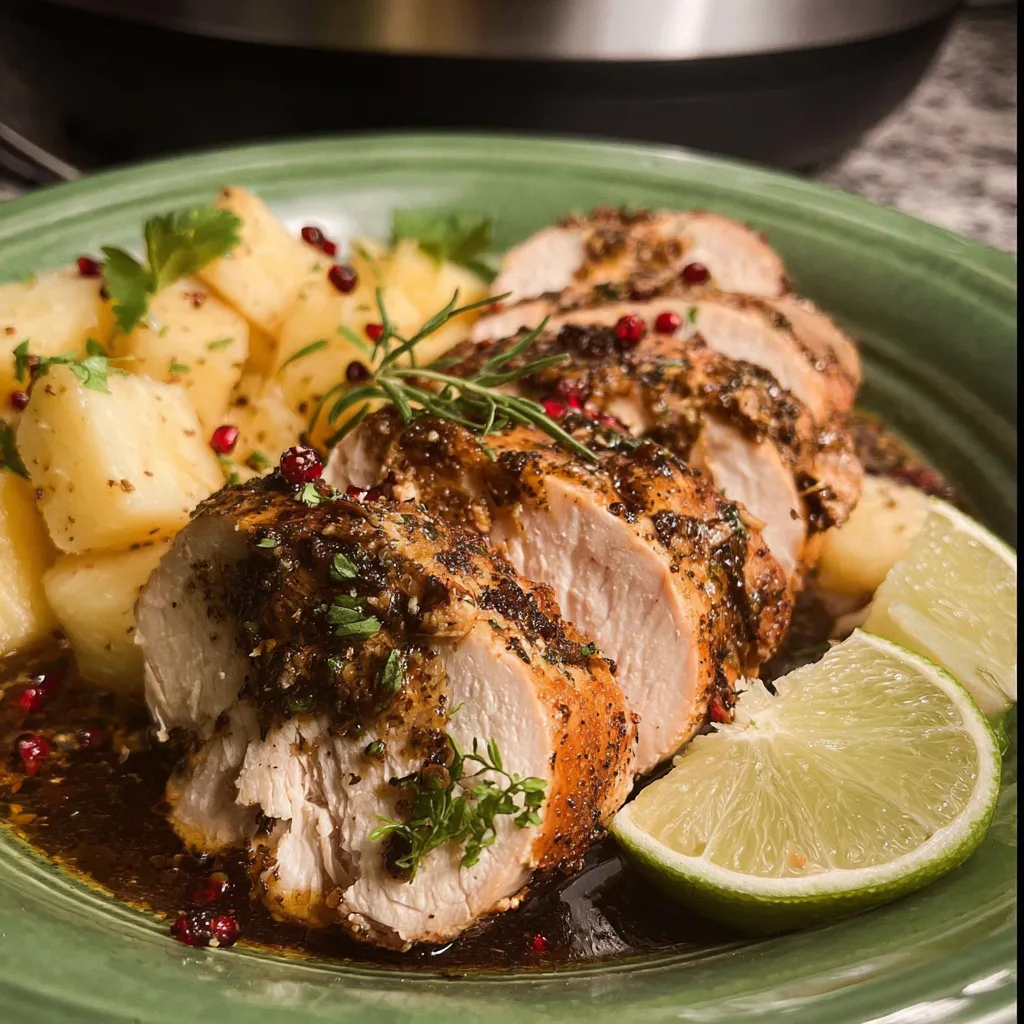 A plate of food with a juicy turkey tenderloin in a slow cooker.