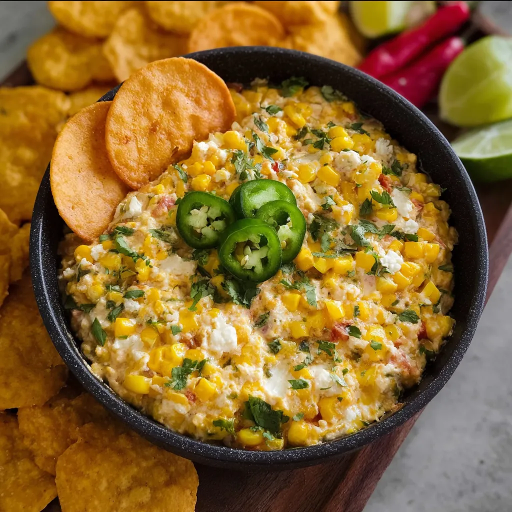 A bowl of jalapeno corn dip with chips.