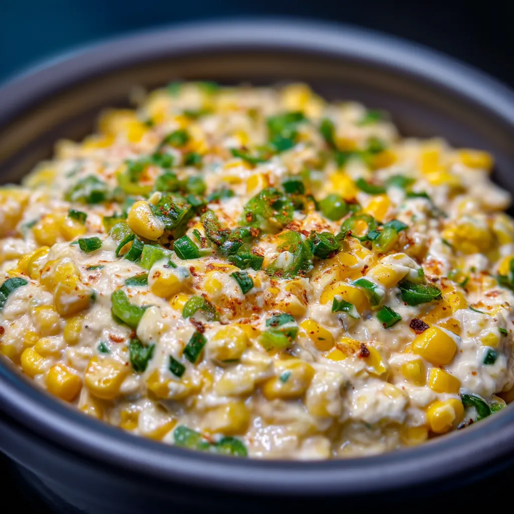 A bowl of slow cooker jalapeno corn dip.