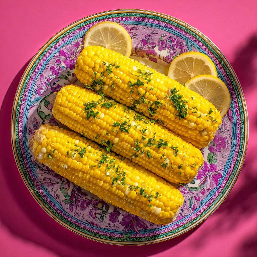 A plate of corn on the cob with lemon wedges on top.