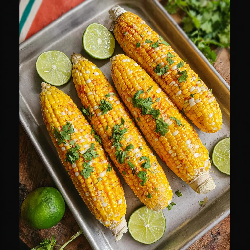 A tray of corn on the cob with limes and green onions.
