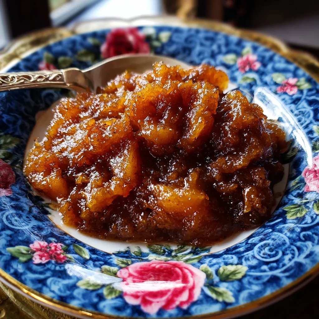 A bowl of apple butter on a blue and white plate.