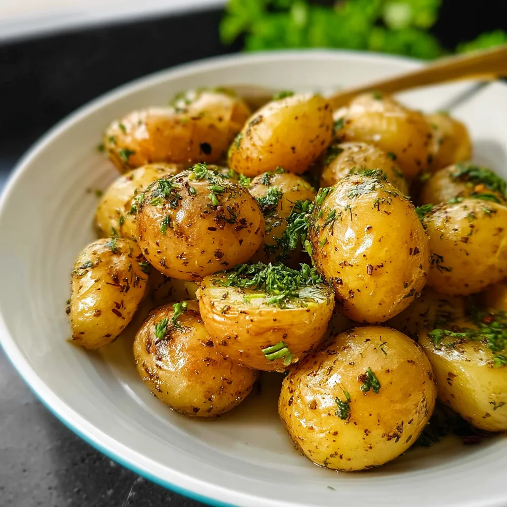 A plate of baby potatoes with herbs on top.