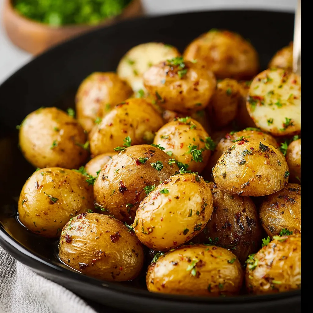 A bowl of baby potatoes with herbs.