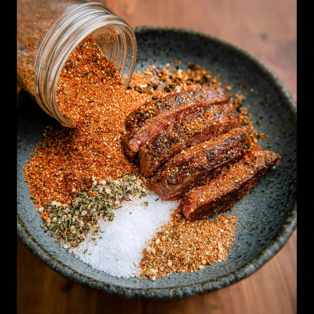 A bowl of seasoned meat with a shaker of pepper.