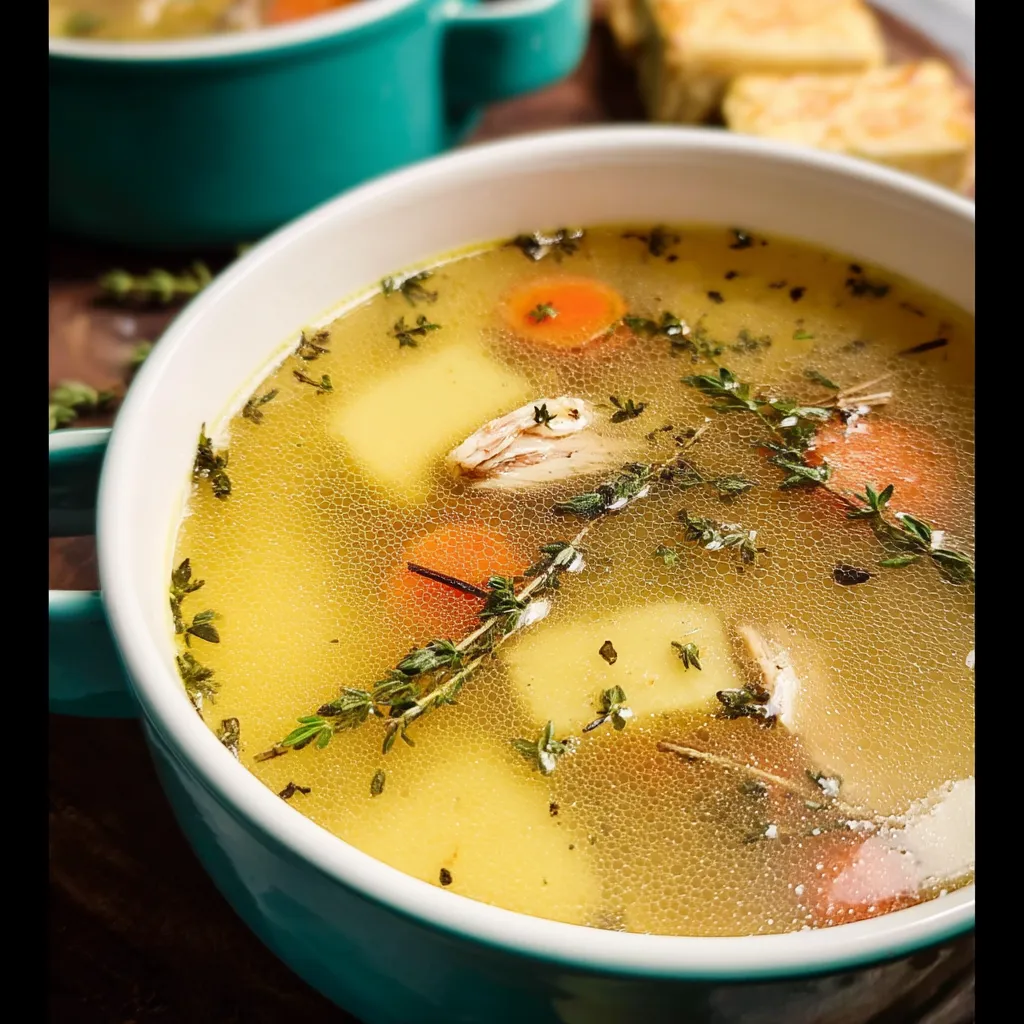 A bowl of homemade bone broth with carrots and herbs.