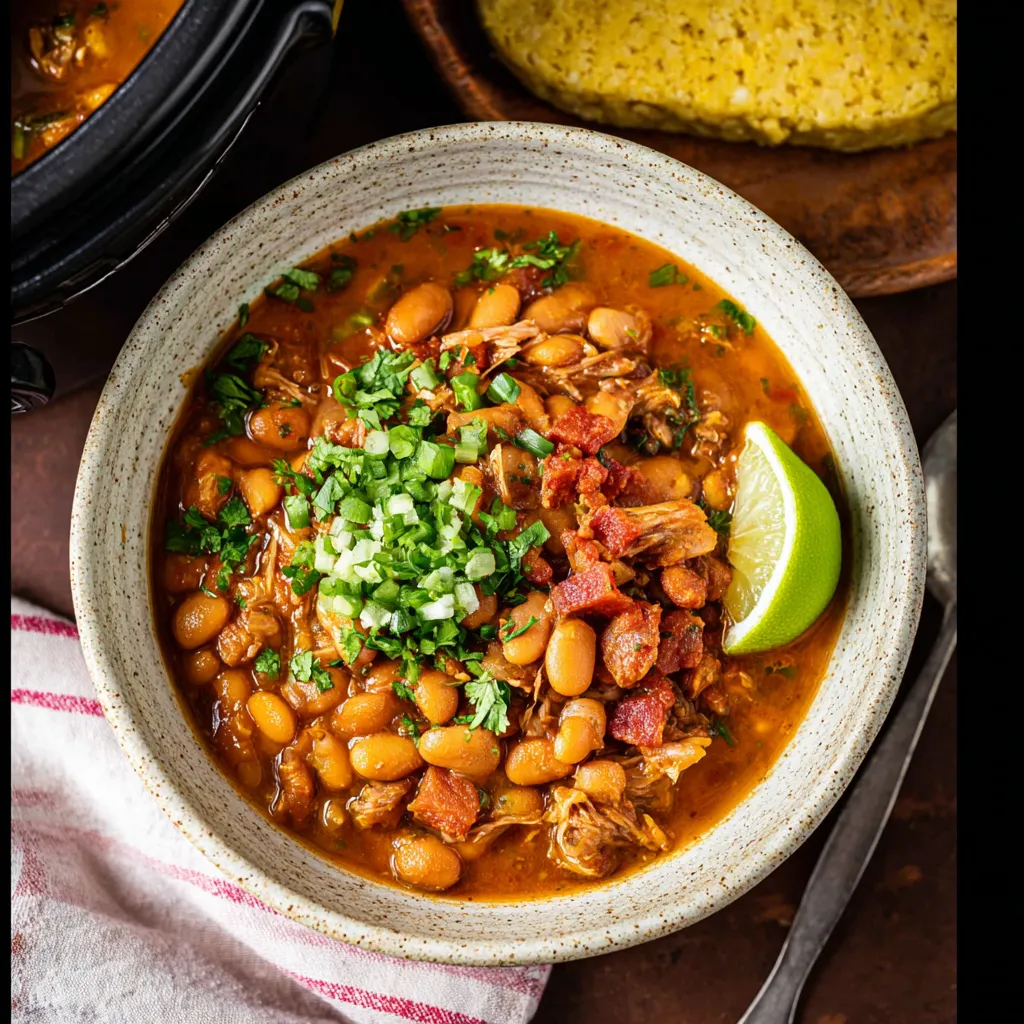 A bowl of Charro beans with a lime wedge on top.