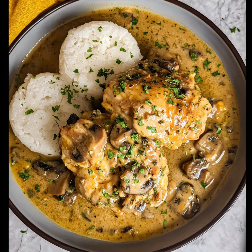 A plate of chicken and gravy.