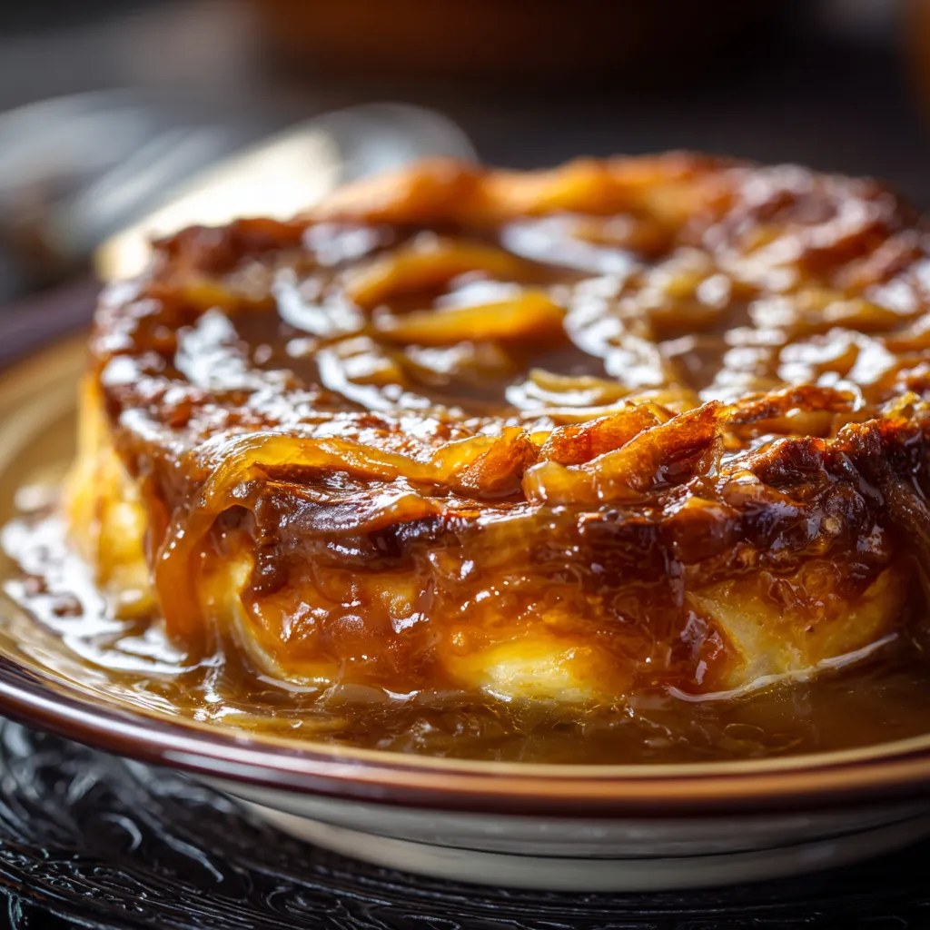 A close up of a French onion soup.