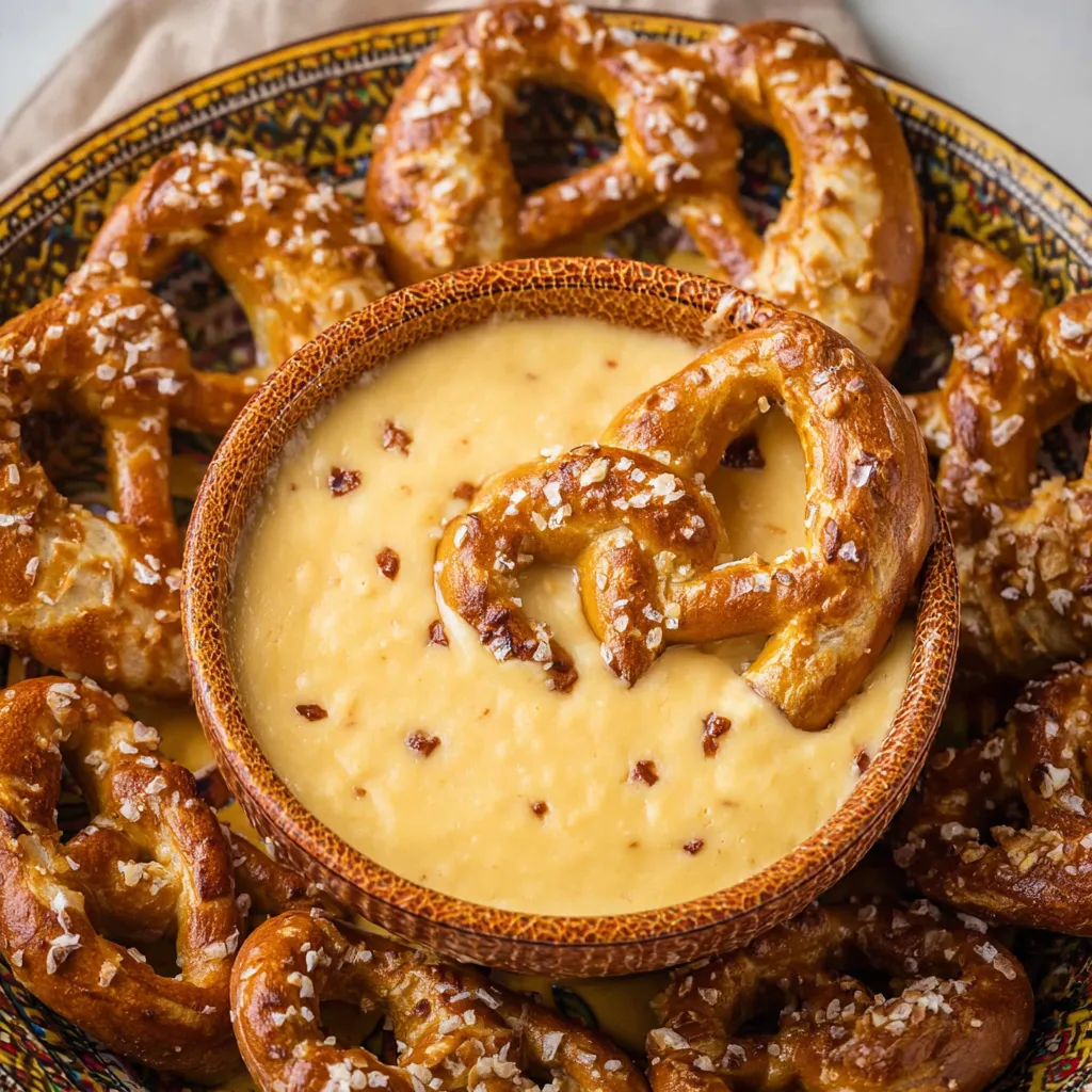 A plate of pretzel cheese dip.