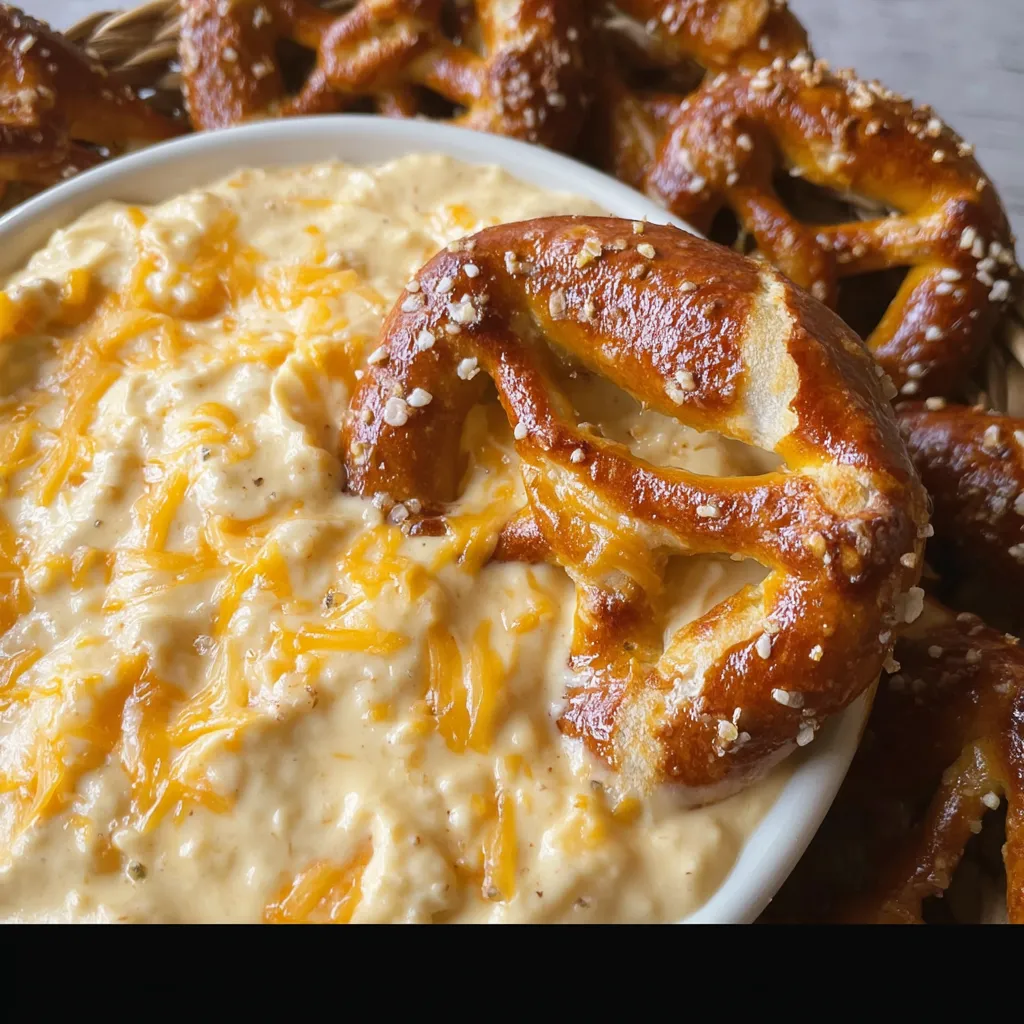 A bowl of cheese dip with pretzel pieces.
