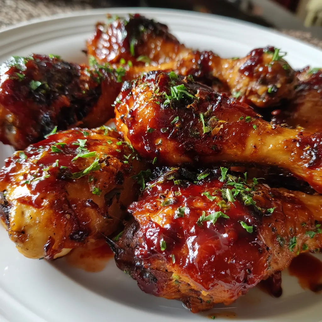 Chicken drumsticks on a white plate.