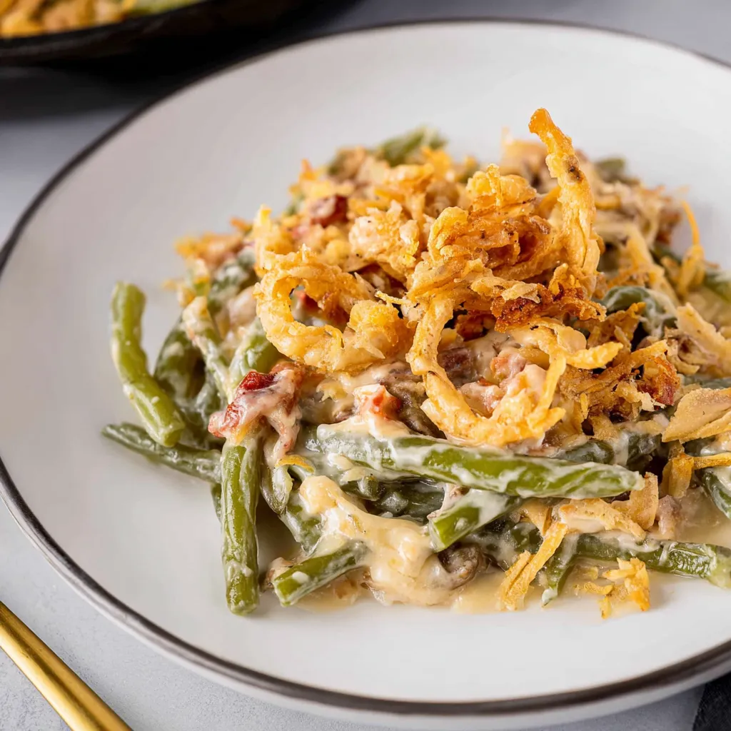 A plate of green bean casserole with cheese on top.