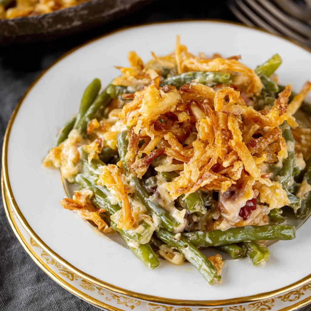 A plate of green bean casserole with french fries on top.