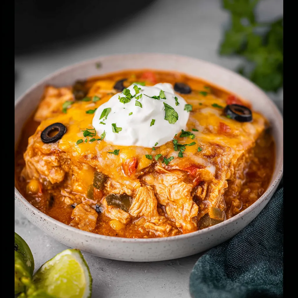 A bowl of chicken enchilada with a dollop of sour cream on top.