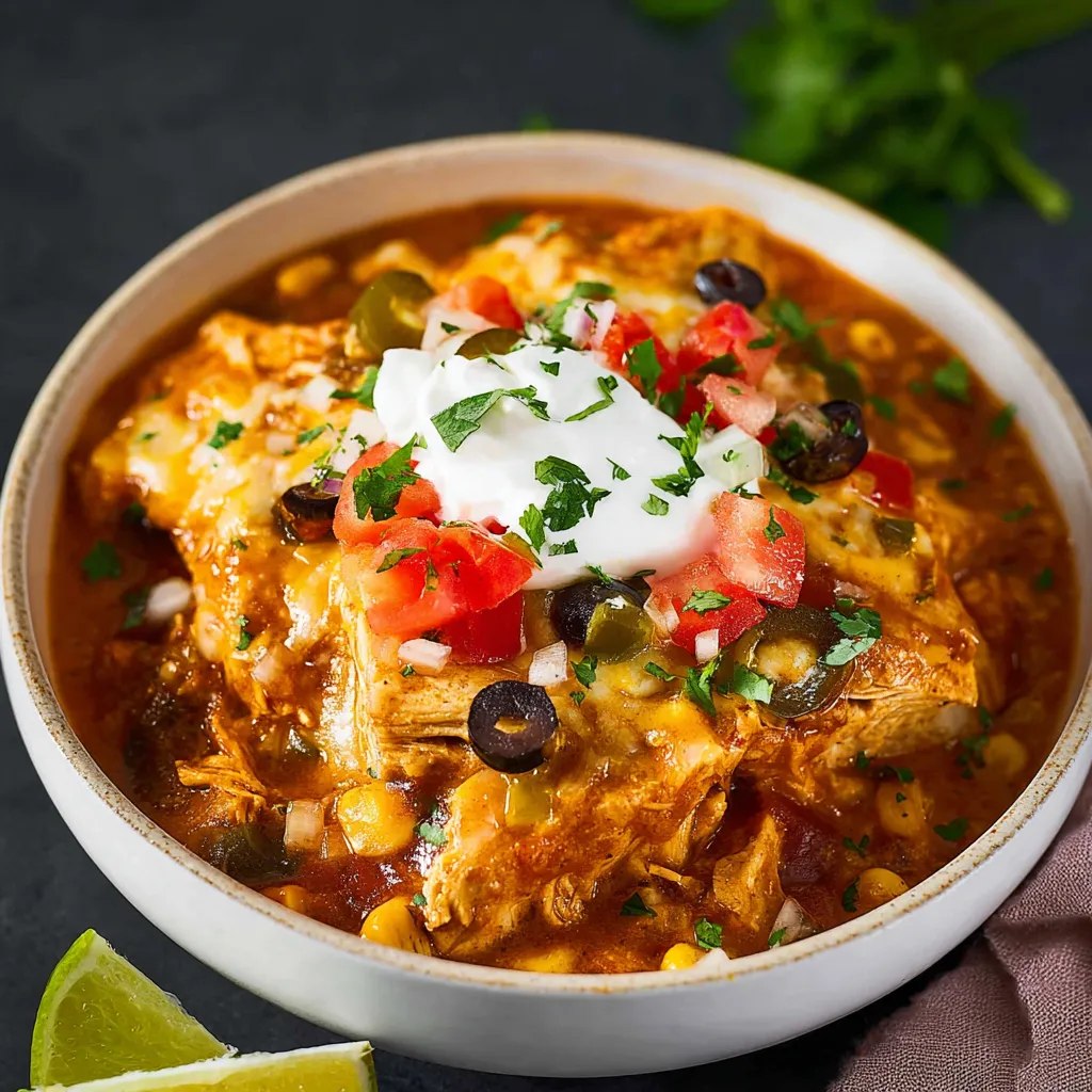 A bowl of chicken enchilada with tomatoes, olives, and cheese.