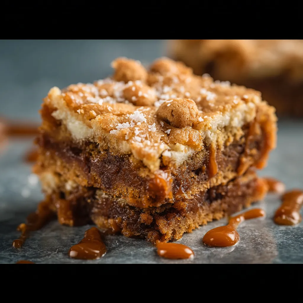 A close up of a cookie bar with caramel drizzled on top.