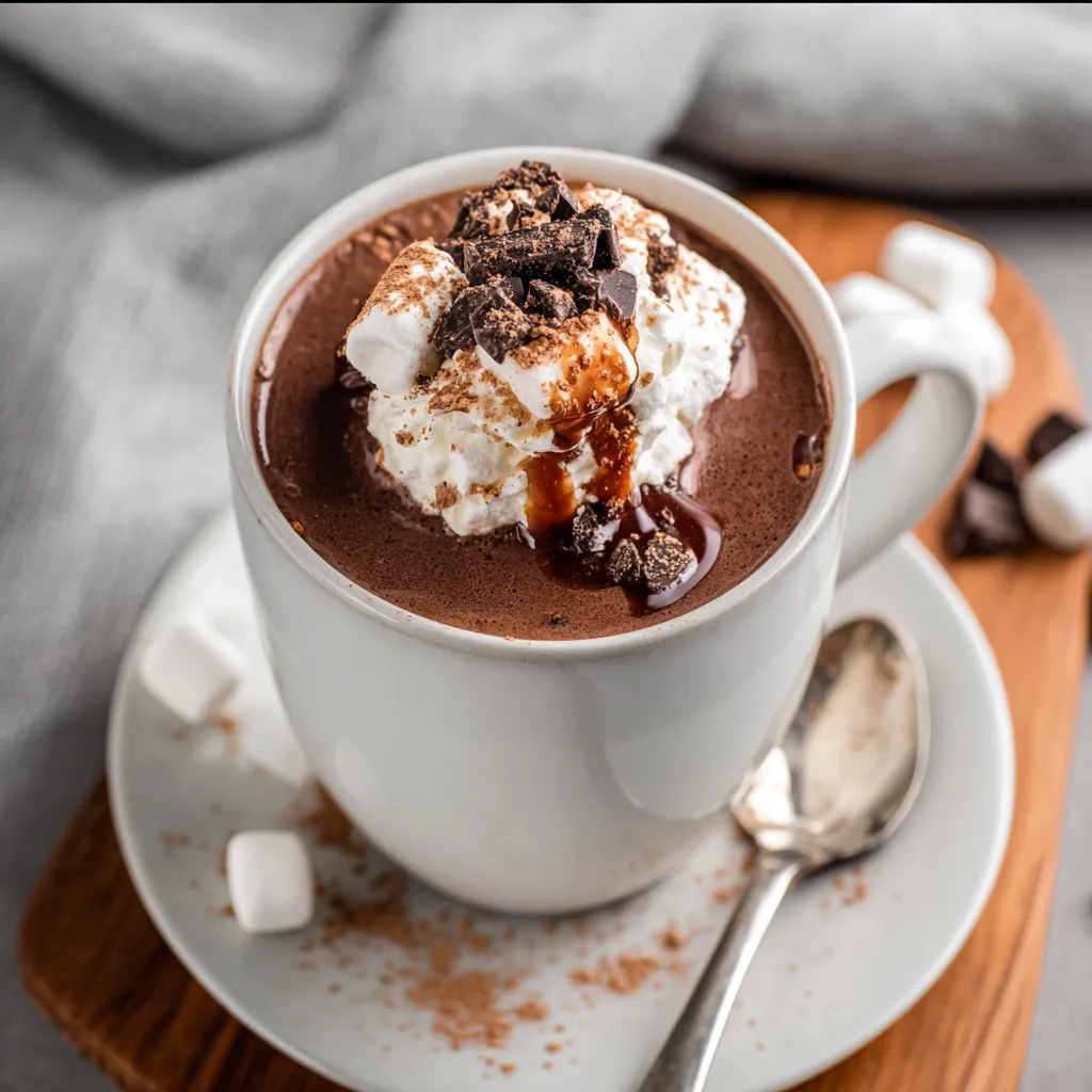 A cup of hot chocolate with whipped cream on top.