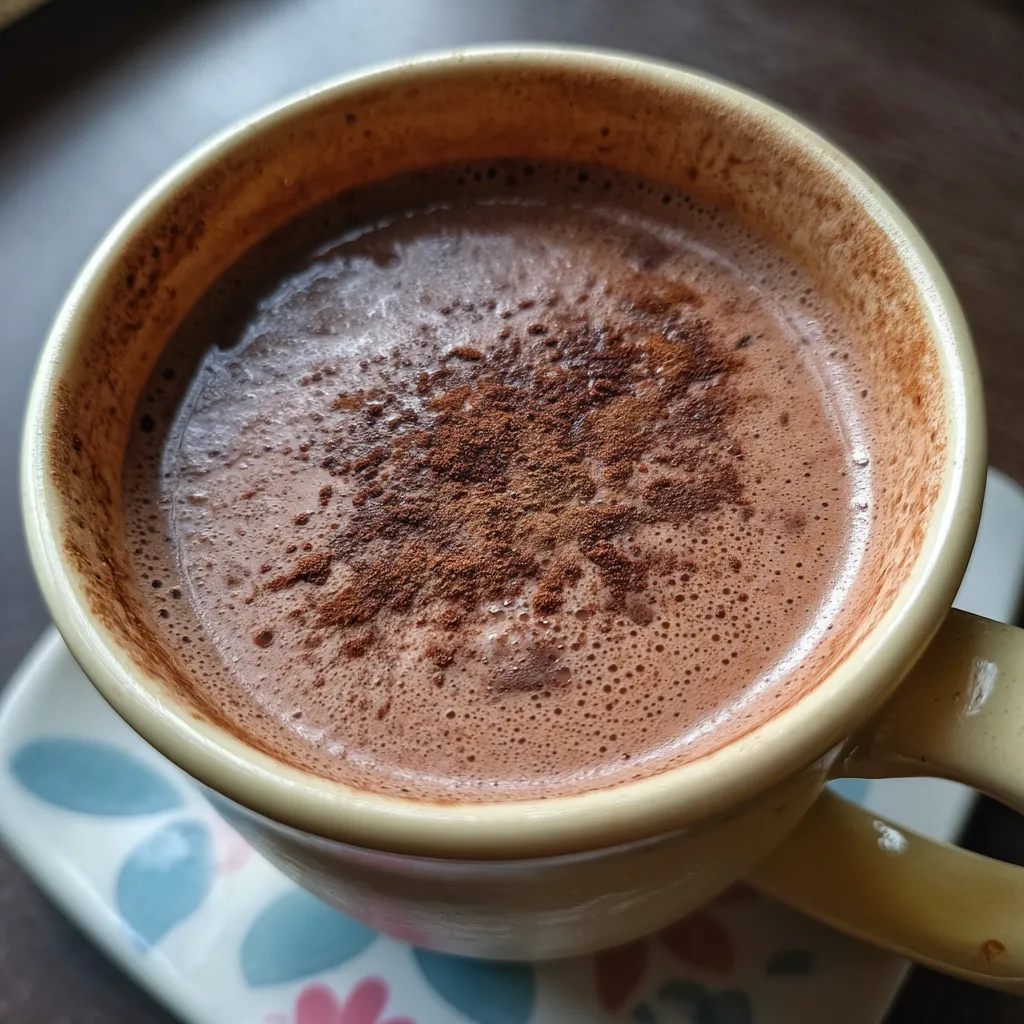 A cup of hot chocolate with a spoon in it.