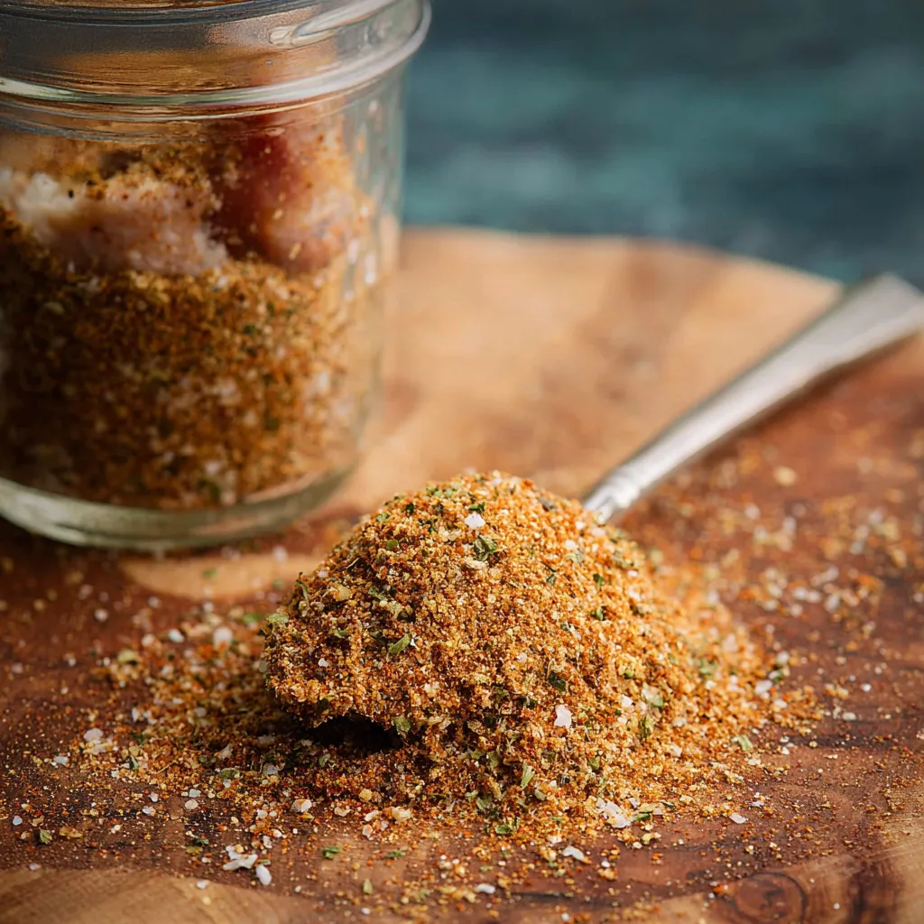 A jar of seasoning sits next to a wooden cutting board.