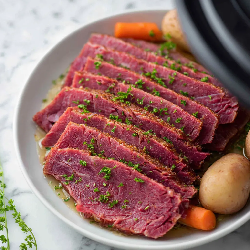 A plate of corned beef with potatoes and carrots.