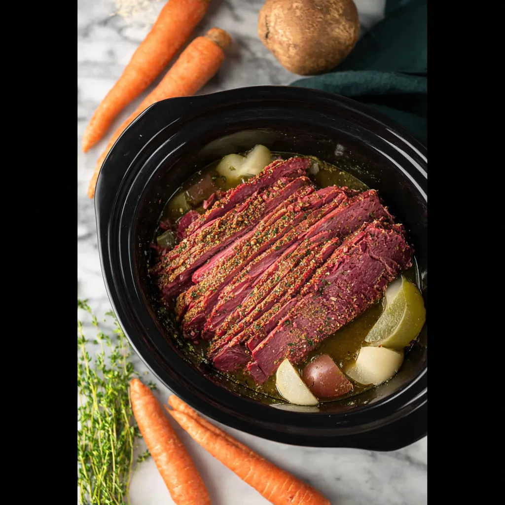 A pot of corned beef with vegetables.