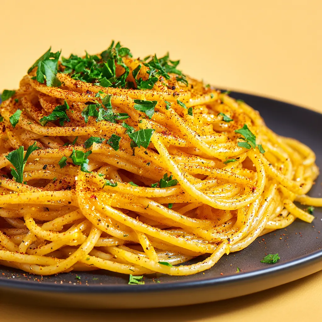 A plate of spaghetti with seasoning on top.