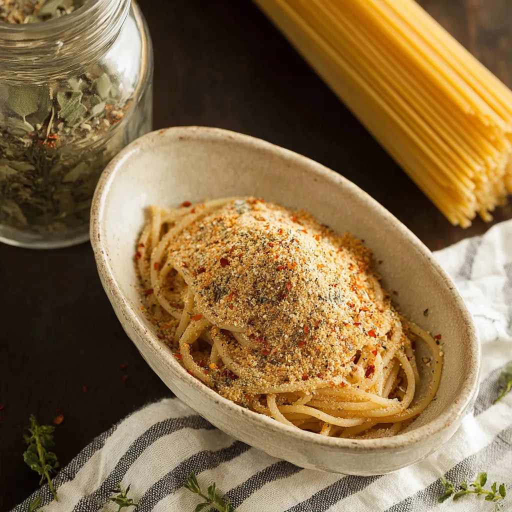 A bowl of spaghetti with a seasoning on top.