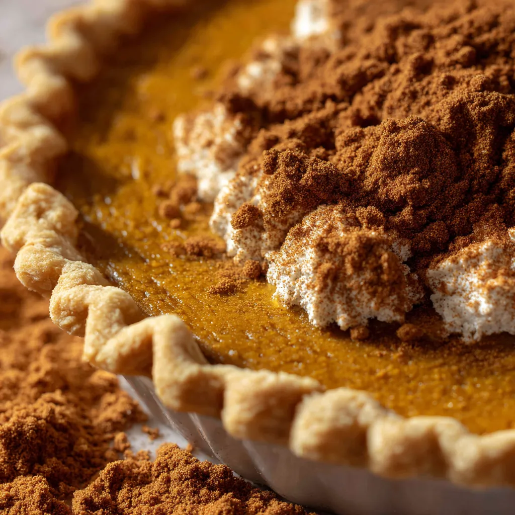 A pie with a brown topping.