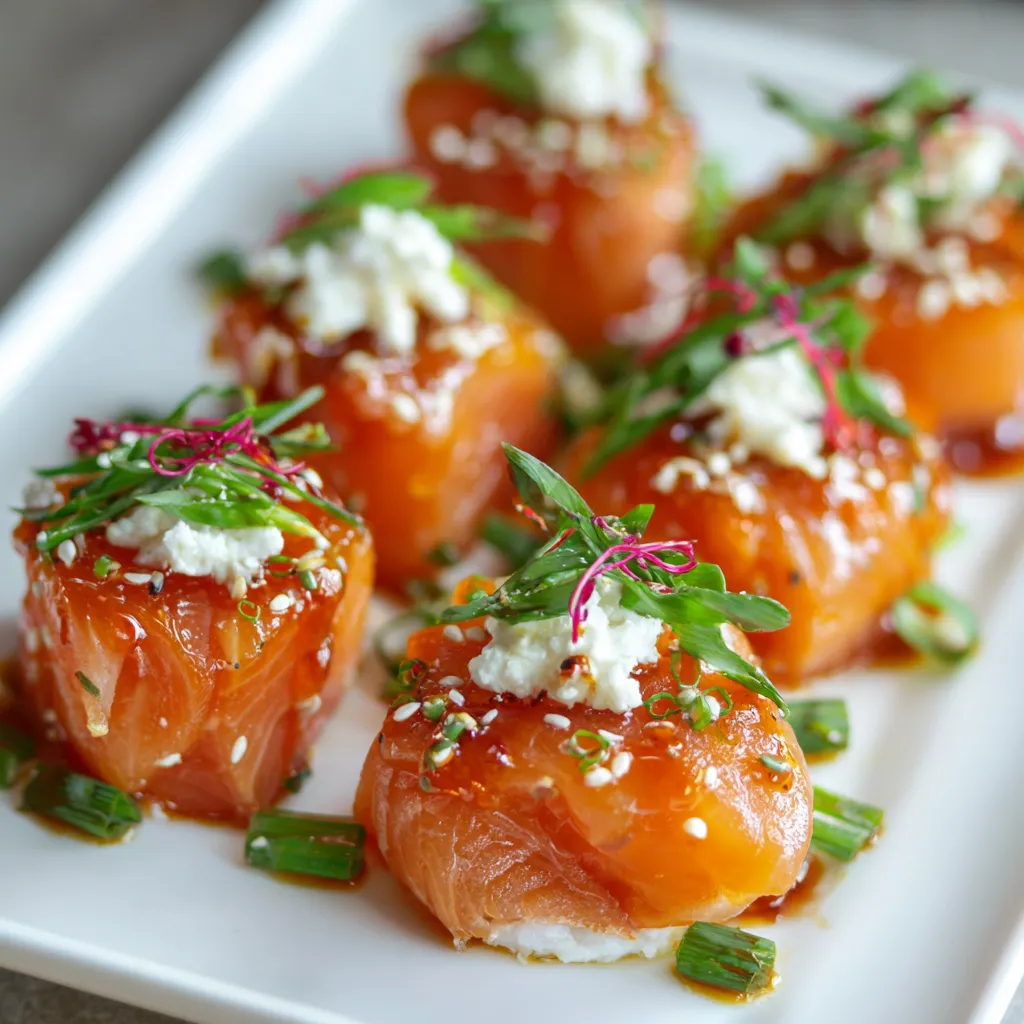 A plate of bang bang salmon with white sauce.